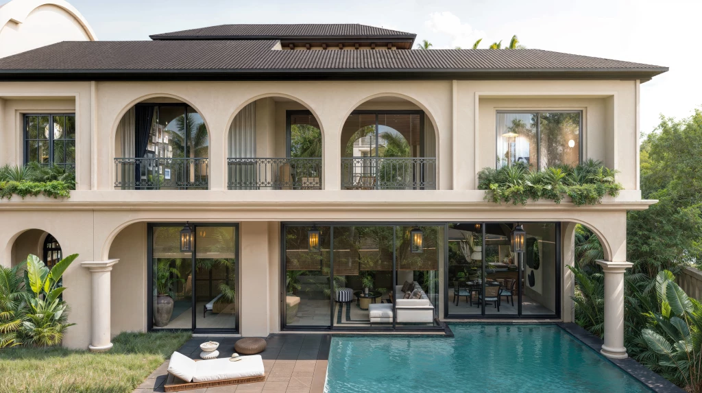 A view of the rear facade of Azul Alma, showcasing the stunning Spanish architecture in these luxurious Goan villas.