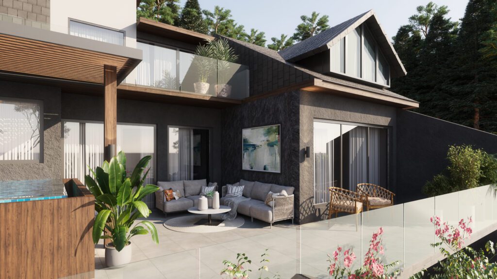A view of the outdoor seating area in an Azul Estilo villa. Source: Azul Homes