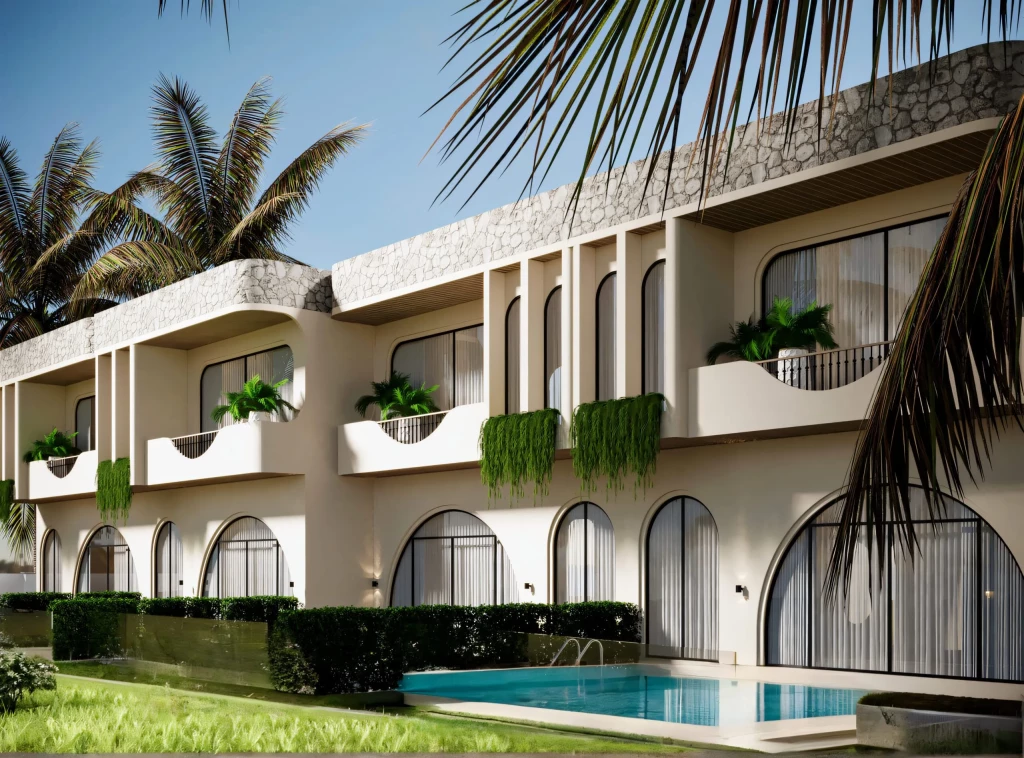 Rear view of luxury row villas in Oxel Siolim with private pools and touching the field